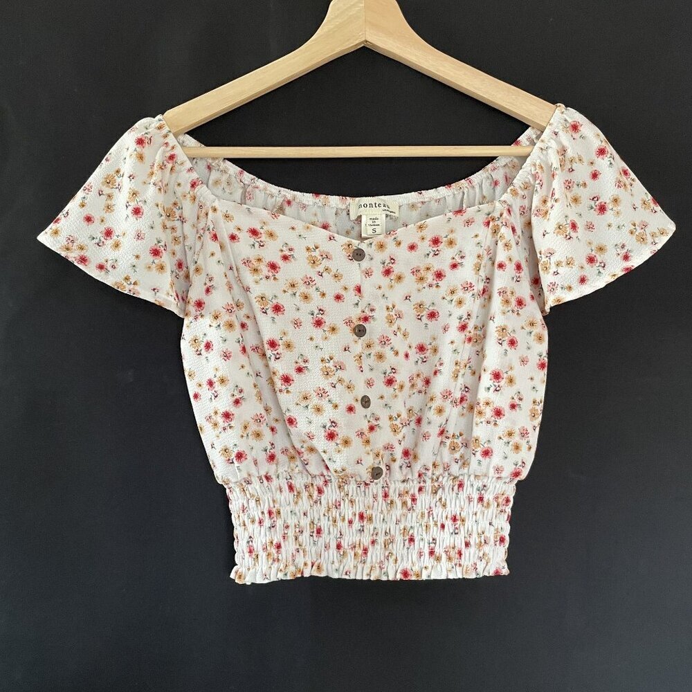 Monteau red and yellow floral frilly crop top women's size small cinched waist